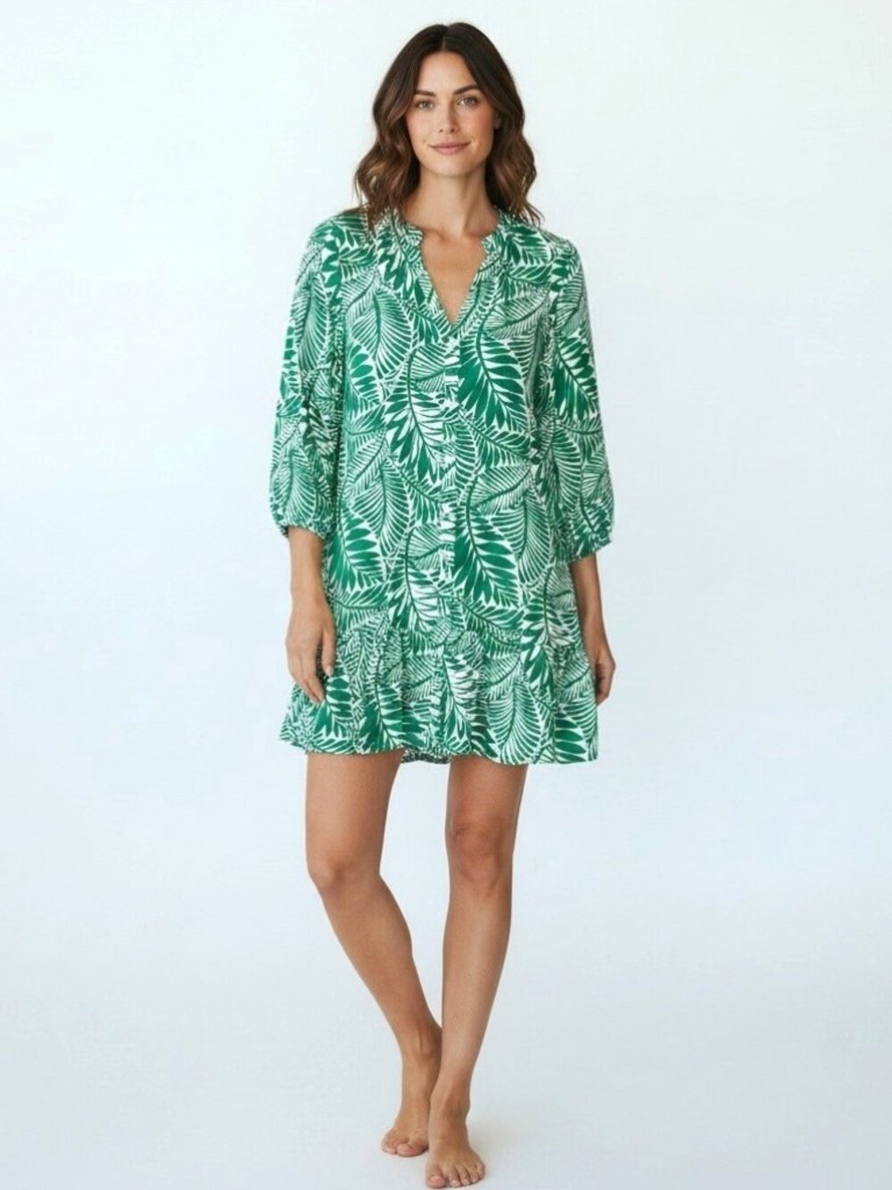 Rachel Zoe Green/White Palm Leaf Print Tiered Dress Button Front - XL - NWT